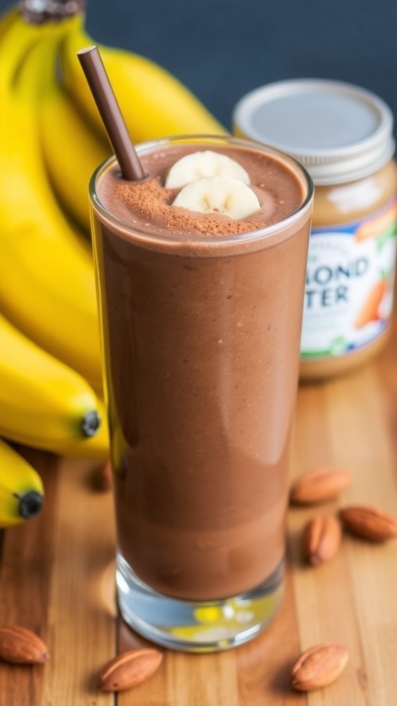 Nutty Chocolate Banana Smoothie in a glass, garnished with banana slices and cocoa powder, on a wooden table.